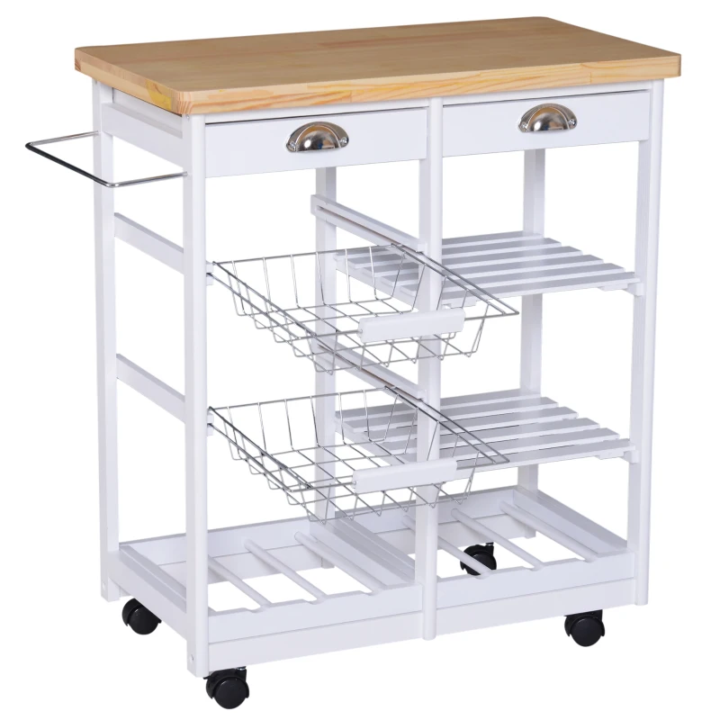 HOMCOM Rolling Kitchen Island Trolley Serving Cart Wheeled Storage Cabinet w/ Basket Shelves and Drawers White