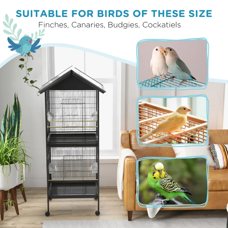 PawHut Wrought Metal Bird Cage Feeder with Rolling Stand Perches Food Containers Doors Wheels 67" H, Black