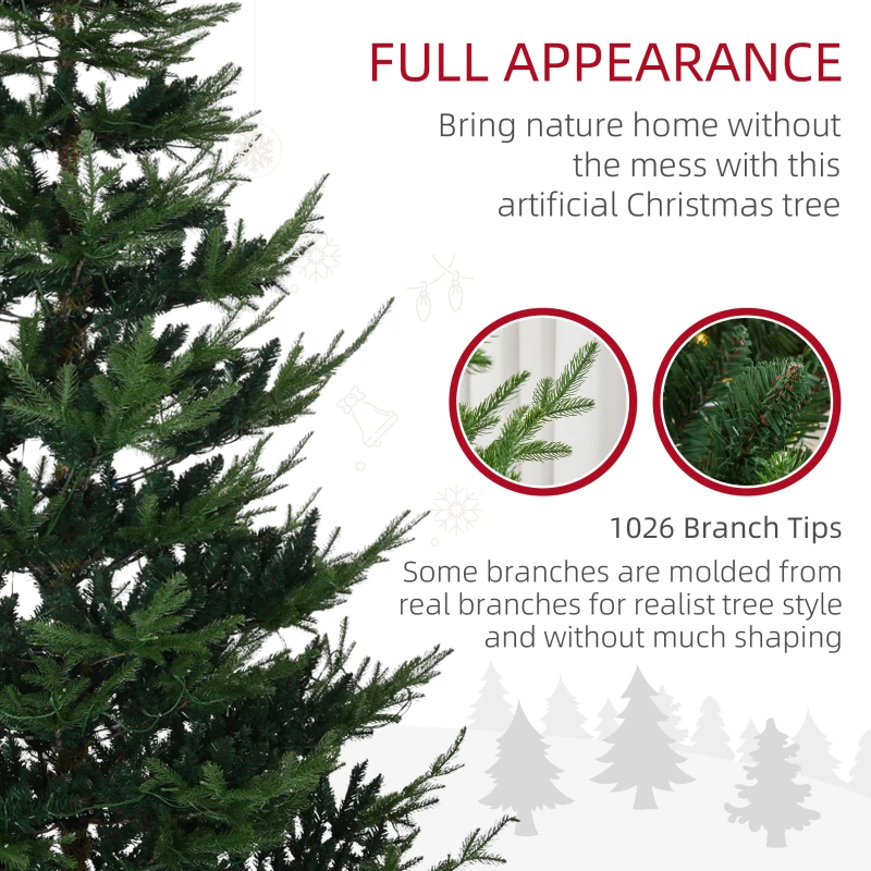 HOMCOM 8 Foot Prelit Artificial Christmas Tree with 1026 Realistic Branches, Warm White LED lights, Auto Open, Green