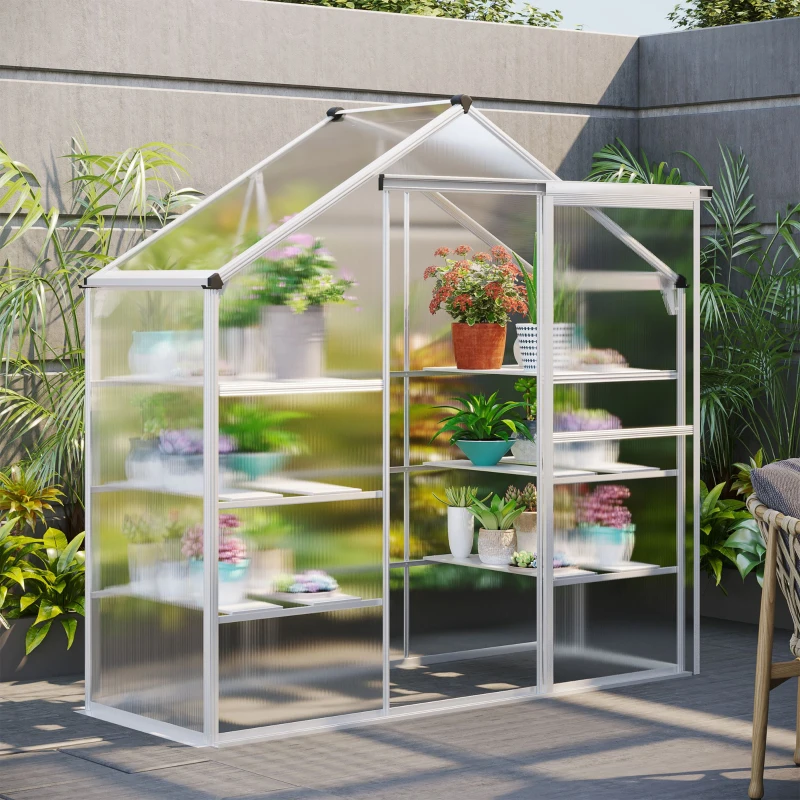 Outsunny 6.3' x 2.3' x 6.1' Outdoor Polycarbonate Greenhouse with 3-Tier Shelves, Cold Frame Greenhouse with Sliding Door and Aluminum Frame