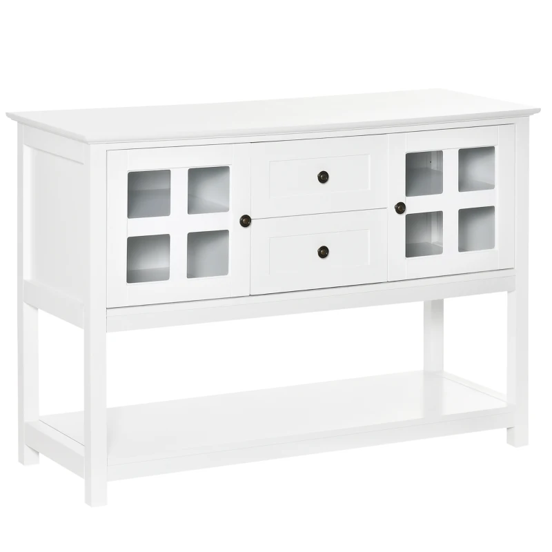 HOMCOM Kitchen Sideboard Serving Buffet Storage Cabinet Cupboard with Adjustable Shelves, Glass Doors, 2 Drawers, for Dining, Living Room, White