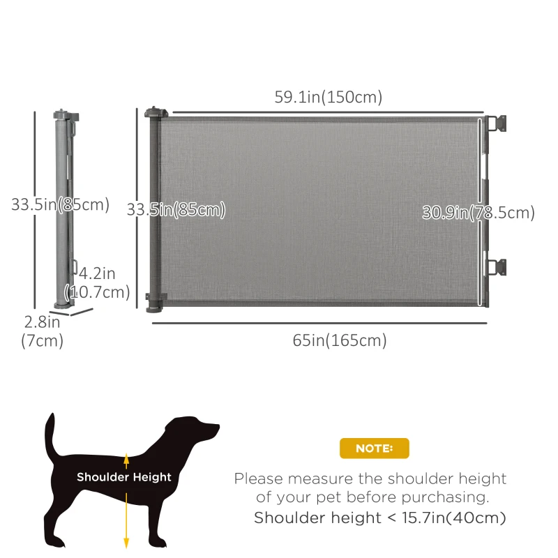 PawHut Retractable Pet Gate, 33.5" Tall, Extends to 59.1" Wide, Foldable Mesh Dog Gate for house, w/ Single Hand Operation, for Stairs, Doorways, Hallways - Grey