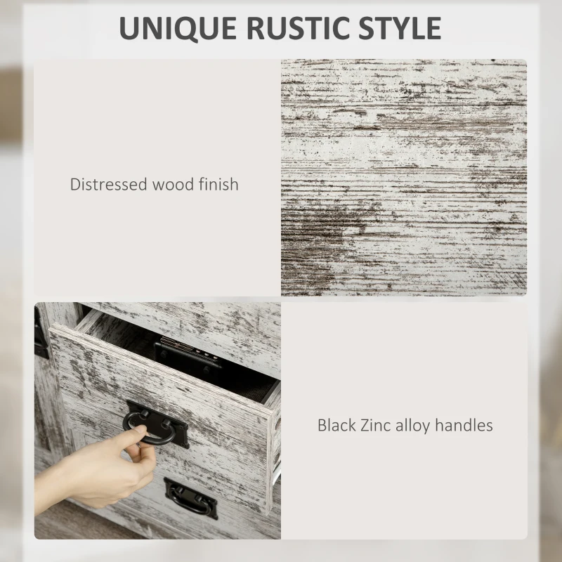 HOMCOM Industrial Sideboard Buffet Cabinet, Kitchen Cabinet with 4 Drawers, 1 Door, Adjustable Shelf Coffee Bar Cabinet, Distressed White