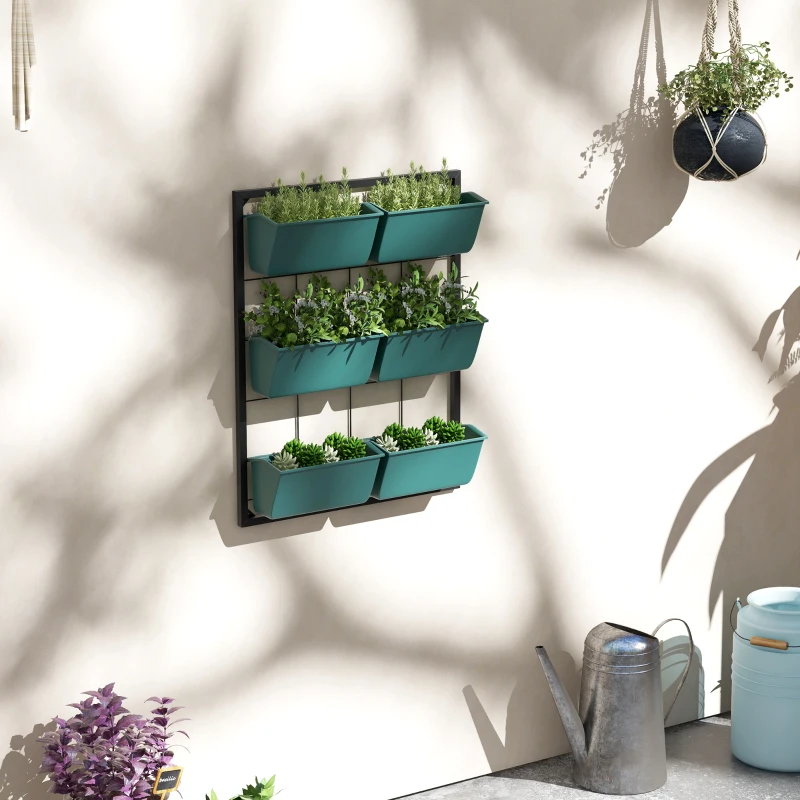 Outsunny 3-Tier Hanging Planter with 6 Pots for Indoor and Outdoor Use, Wall Planter, Self Draining & Wall Mounted, Green
