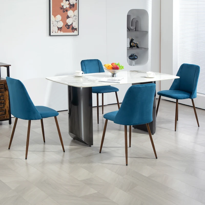 HOMCOM Upholstered Dining Chairs Set of 4, Velvet Accent Chair with Back and Wood-grain Steel Leg for Kitchen, Dark Blue