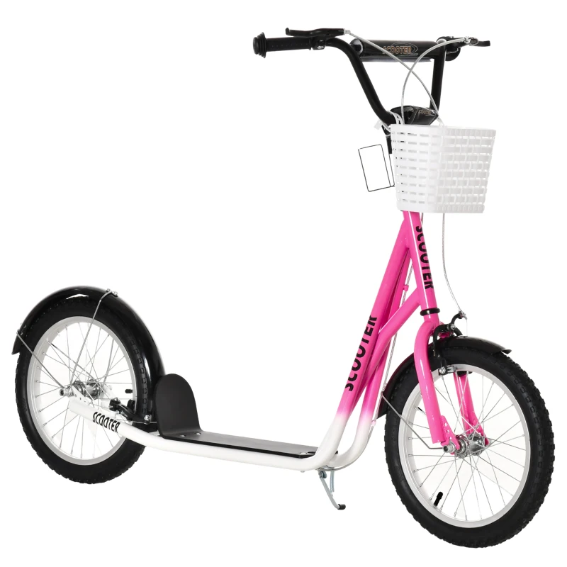 Aosom Kick Scooter with Adjustable Handlebar, Kids Scooter with 2 Brakes Basket Cupholder 16" Inflatable Rubber Tyres Pink