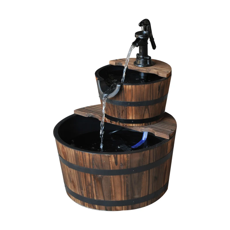 Outsunny 2-Tier Wooden Barrel Water Fountain with Electric Pump Cascading Feature Outdoor Indoor Decoration