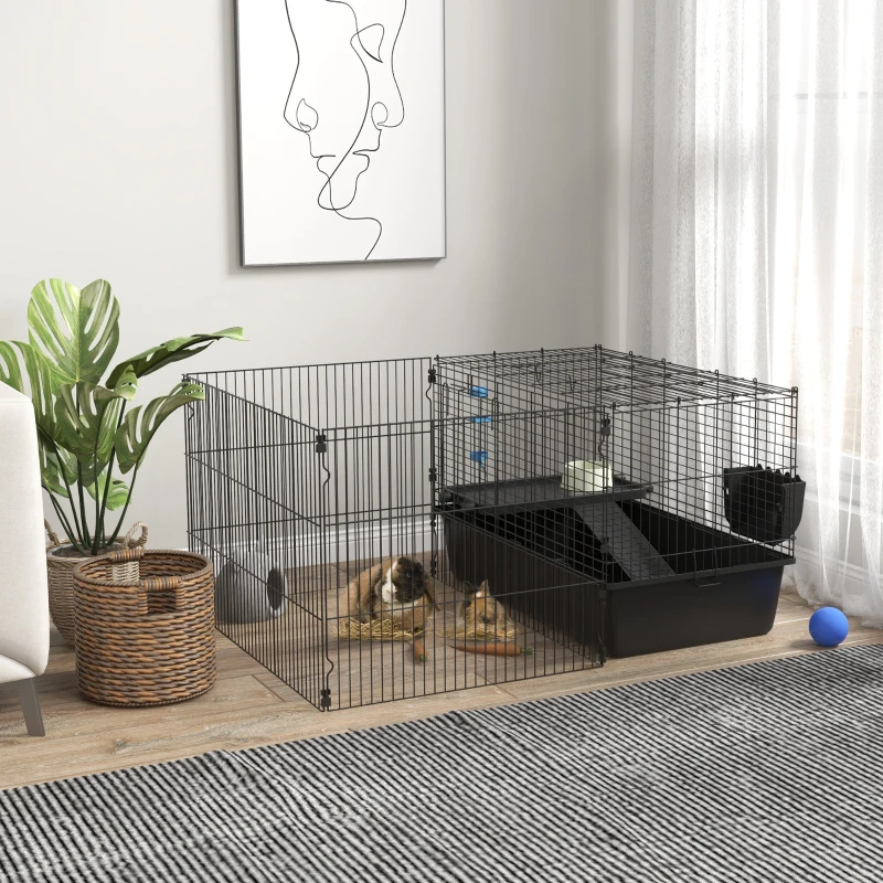PawHut 33" Small Animal Cage with Playpen, Bunny Hutch Indoor for Guinea Pigs Hedgehogs with Accessories, Water Bottle, Food Dish, Feeding Trough