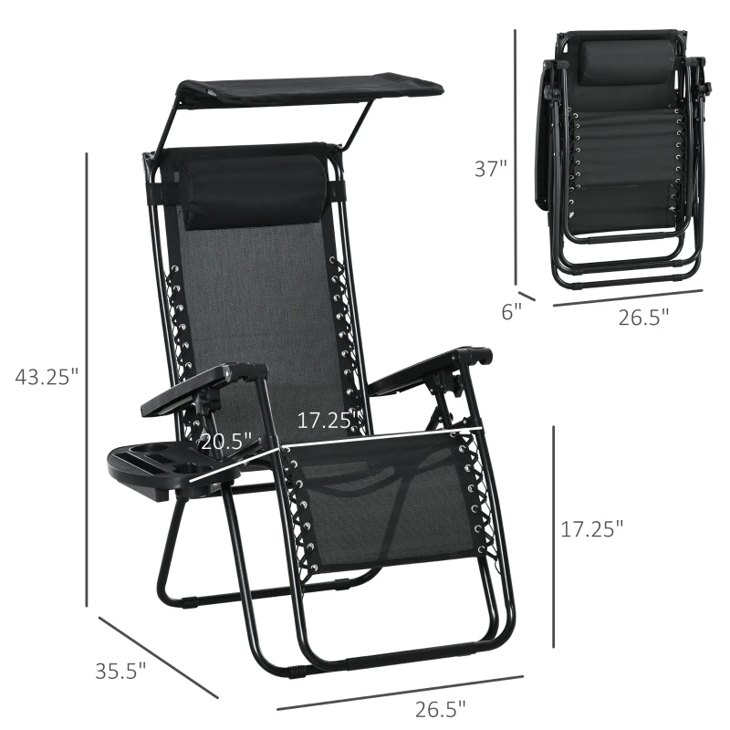 Outsunny 2 Piece Foldable Lounge Chair with Canopy Shade, Outdoor Zero Gravity Chair w/ Side Tray & Cup Holder, Reclining Lounger w/ Breathable Mesh Fabric Seat, Pillow, Black