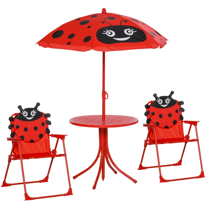 Outsunny Kids Folding Picnic Table and Chair Set Pattern Outdoor Garden Patio Backyard with Removable & Height Adjustable Sun Umbrella Red