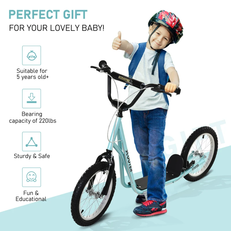 Aosom Kids Kick Scooter for 5+ Year Old, Kids Ride on Toy w/ 16'' Inflatable Wheel Dual Brakes, Blue