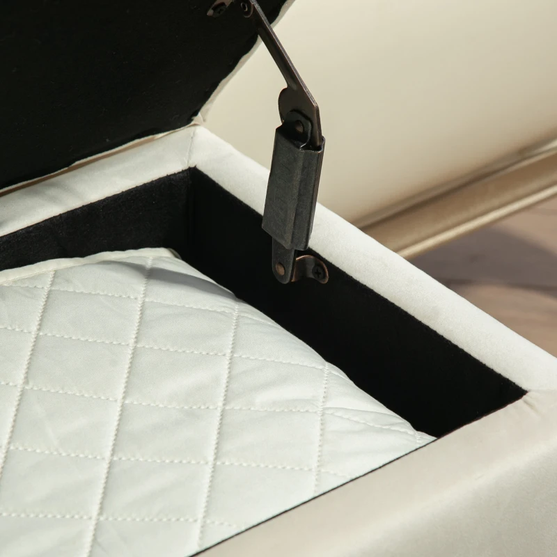 HOMCOM Storage Ottoman with Lid, Velvet Upholstered Storage Bench with Wood Legs for Living Room, Cream White