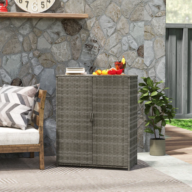 Outsunny Rattan Wicker Outdoor Storage Cabinet with 4 Shelves and 2 Doors for Garden Pool Towel Storage, Mixed Gray