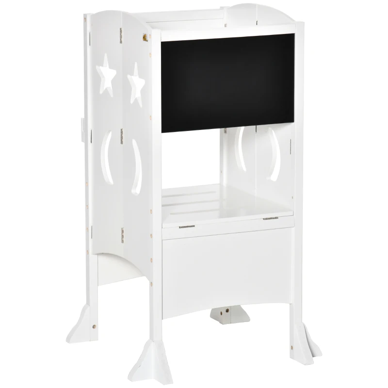 Qaba Kids Kitchen Helper Foldable Step Stool Toddler Kitchen Stool with Blackboard Lockable Handrail for 3-6 Years old White