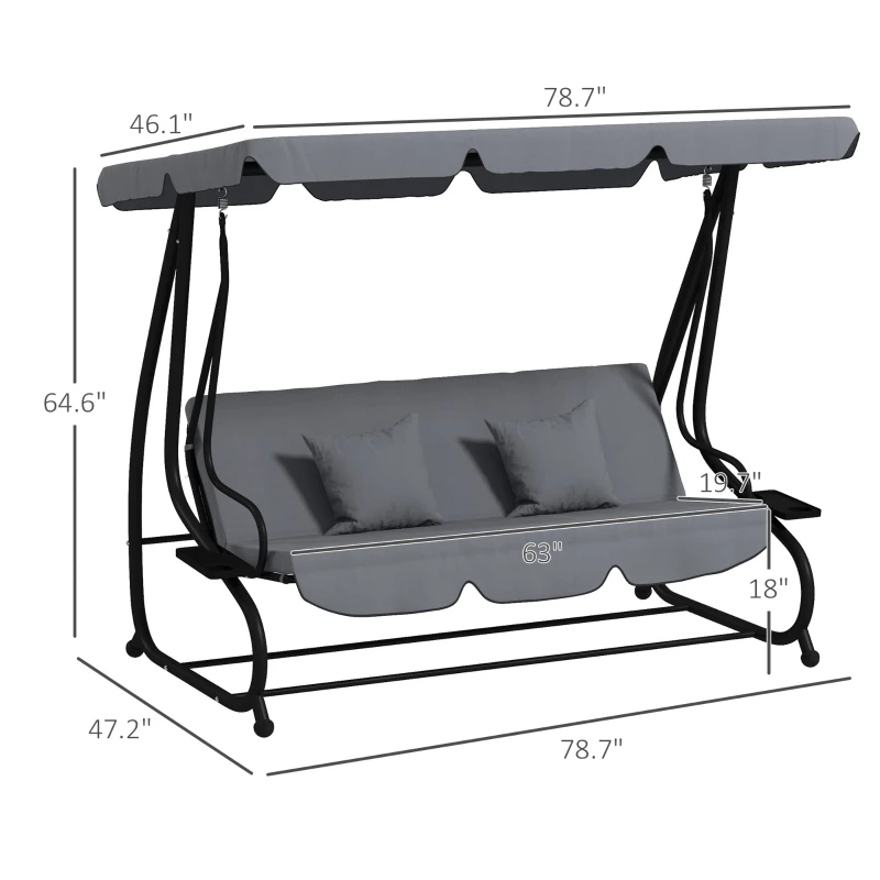 Outsunny Free Standing Swing Bench, Porch Swing with Stand, Adjustable Canopy, Cushion and Pillows, Dark Gray
