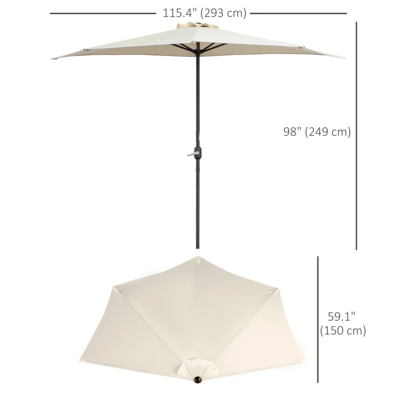 Outsunny 9.8ft Half Umbrella Semi Round Patio Parasol with Crank Handle, Top Vent for Garden, Balcony- NO BASE INCLUDED, Cream