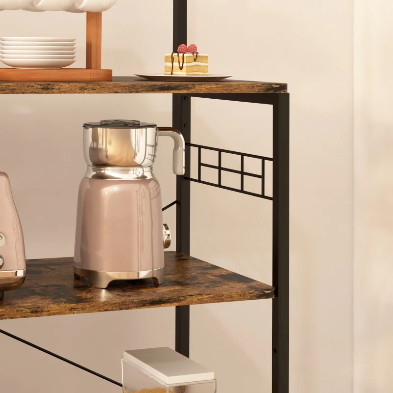 HOMCOM Kitchen Baker's Rack with Power Outlet, Coffee Bar Station with Adjustable Shelves and Hooks, Rustic Brown