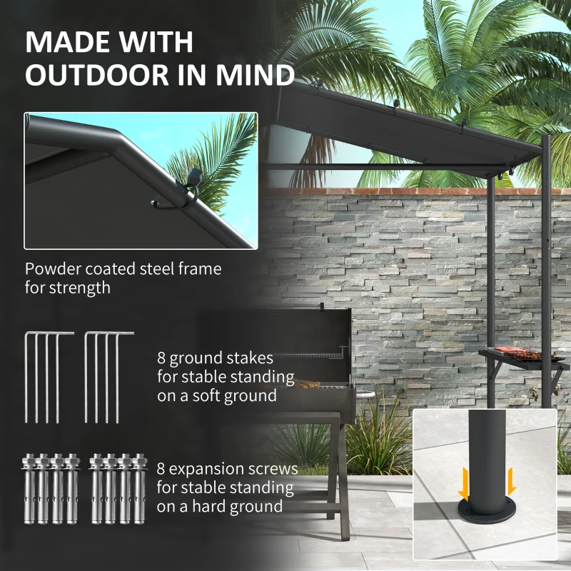 Outsunny 9' x 5' BBQ Grill Gazebo Tent, Garden Grill Canopy Outdoor Grill Shelter w/ Steel Frame and Serving Shelves, Dark Grey