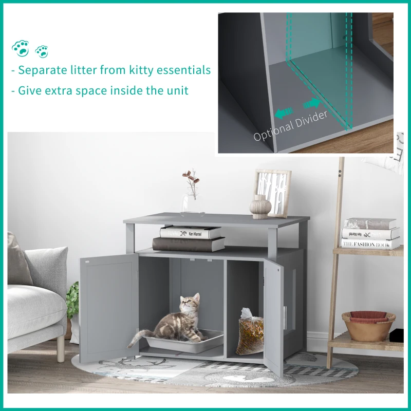 PawHut Wooden Cat Litter Box Enclosure Furniture with Adjustable Partition, Cat Washroom End Table with Open Shelf, Gray