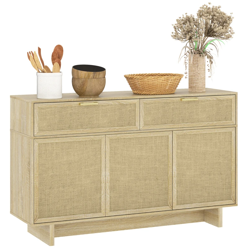 HOMCOM Boho Kitchen Sideboard Buffet Cabinet with Hinge Doors, Drawers and Adjustable Shelf for Living Room, Natural Wood