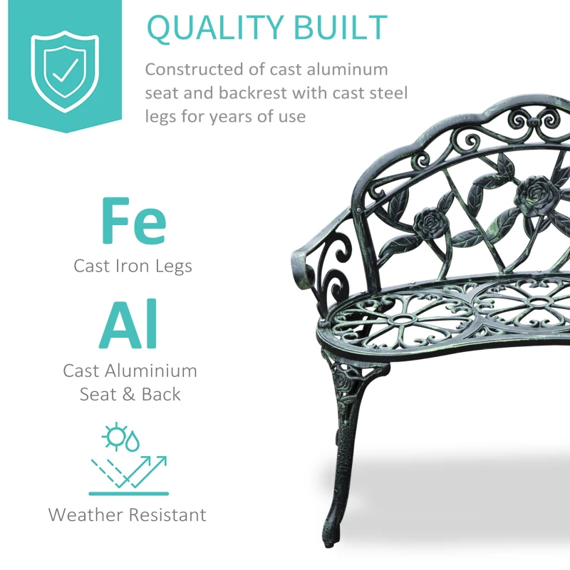 Outsunny 40" Outdoor Garden Bench, Cast Aluminum Antique Rose Style Patio Garden Park Loveseat Bench for Backyard, Porch, Balcony, Lawn, Green