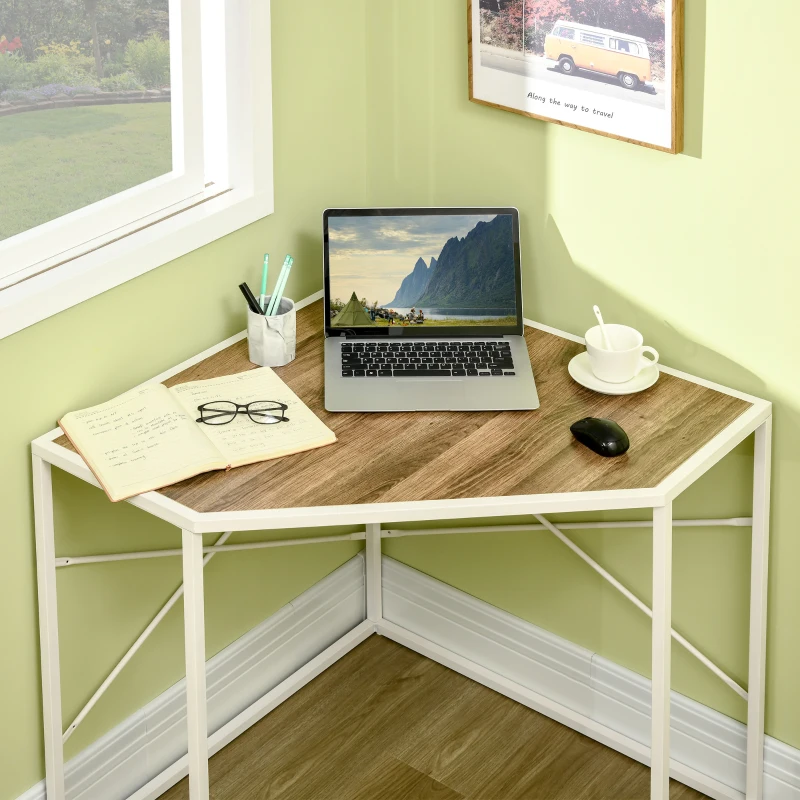 HOMCOM Corner Desk for Small Spaces, Small Computer Desk with Metal Frame, Space Saving Home Office Desk Workstation, White