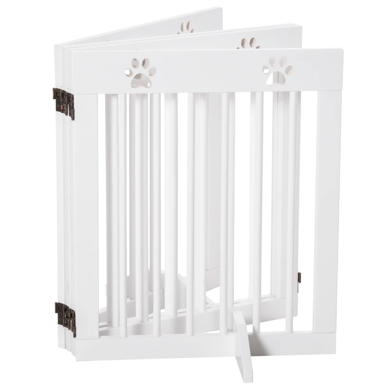 PawHut Freestanding Pet Gate 4 Panel Wooden Dog Barrier Folding Safety Fence with Support Feet up to 80.25" Long 24" Tall for Doorway Stairs White