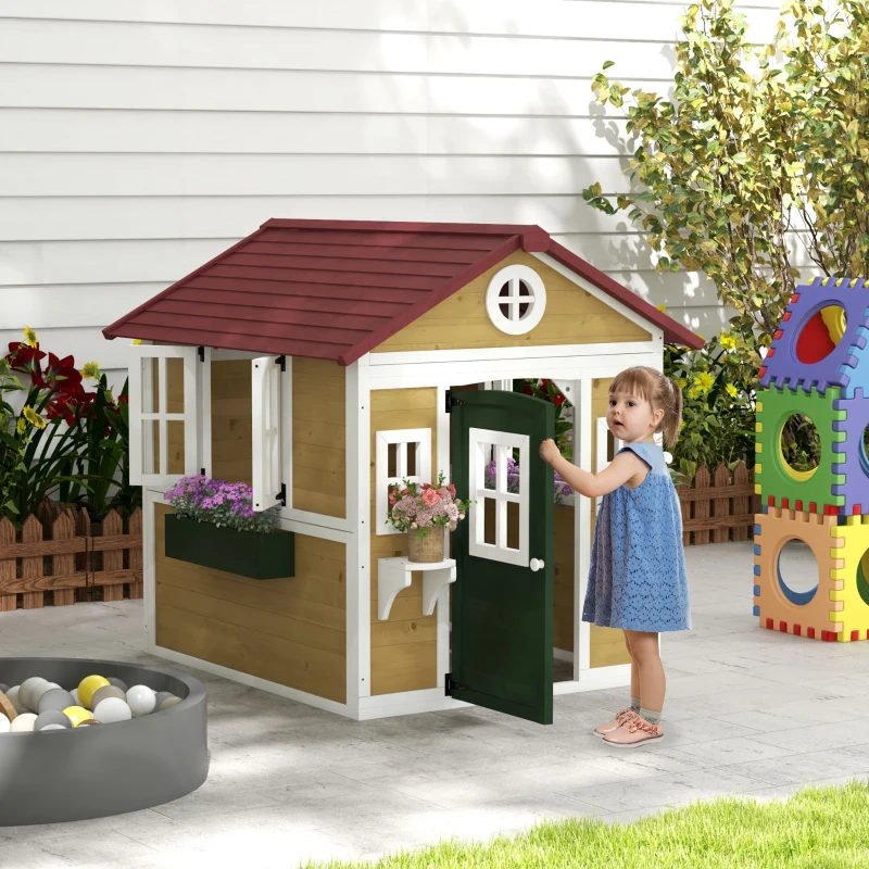 Outsunny Wooden Playhouse for Kids Outdoor with Doors, Windows, Planter Pots and Boxes for Toddlers 3-8 Years, Beige