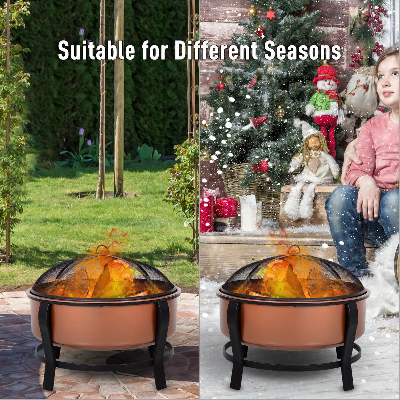 Outsunny 30 Inch Outdoor Fire Pits, Copper-Colored Round Basin Camping Fire Pit, Wood Burning Firepit Bowl with Ornate Black Base, Log grate, Wood Poker, & Mesh Screen for Embers