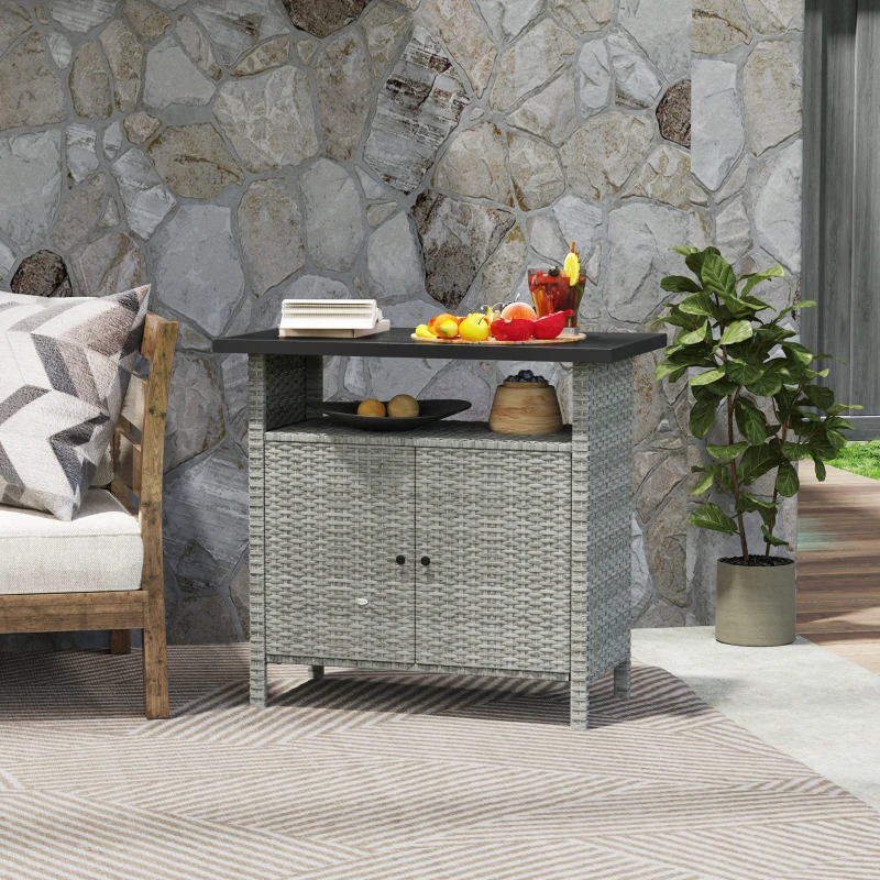 Outsunny Wicker Outdoor Storage Cabinet with Two Doors and Shelf for Outdoor Pool Towel Storage, Gray