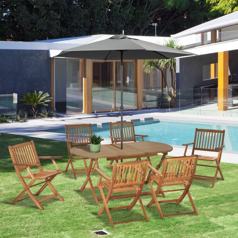 Outsunny 7 Piece Wood Patio Dining Set for 6, Dining Table and Chairs Set with Umbrella Holes, Folding Outdoor Patio Furniture, Teak