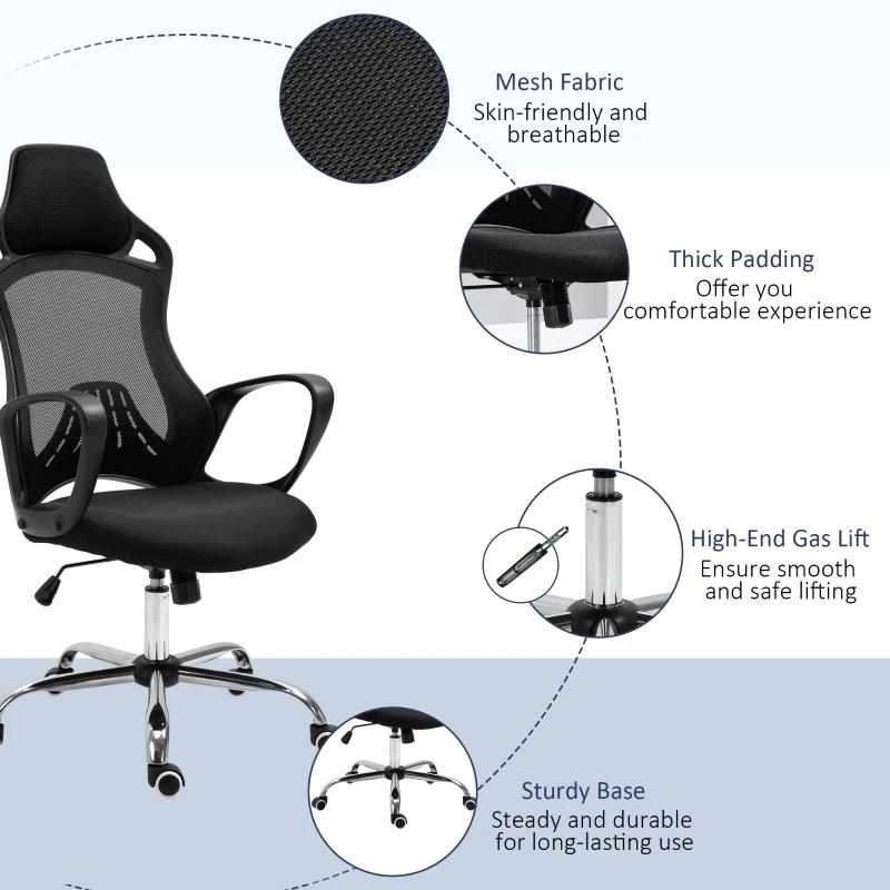 Vinsetto High Back Office Chair Mesh Desk Chair with Adjustable Backrest, Swivel Task Chair with Ergonomic Design Conference Office, Black