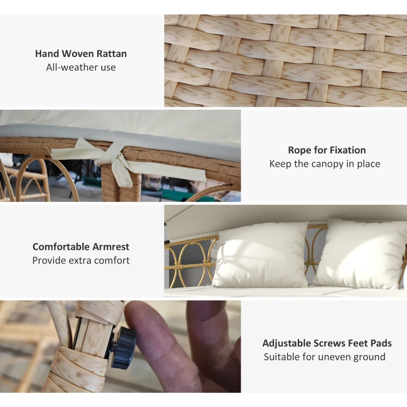 Outsunny Patio Furniture Set, Round Outdoor Daybed with Retractable Canopy, Hollow Wicker PE Rattan Sectional Sofa with Washable Couch Cushions for Pool, Lawn, Cream White