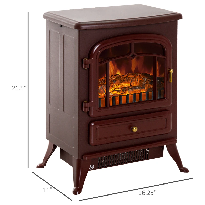 HOMCOM 16" Free Standing Electric Fireplace Portable Adjustable Stove with Heater Wood Burning Flame 750/1500W Red Brown