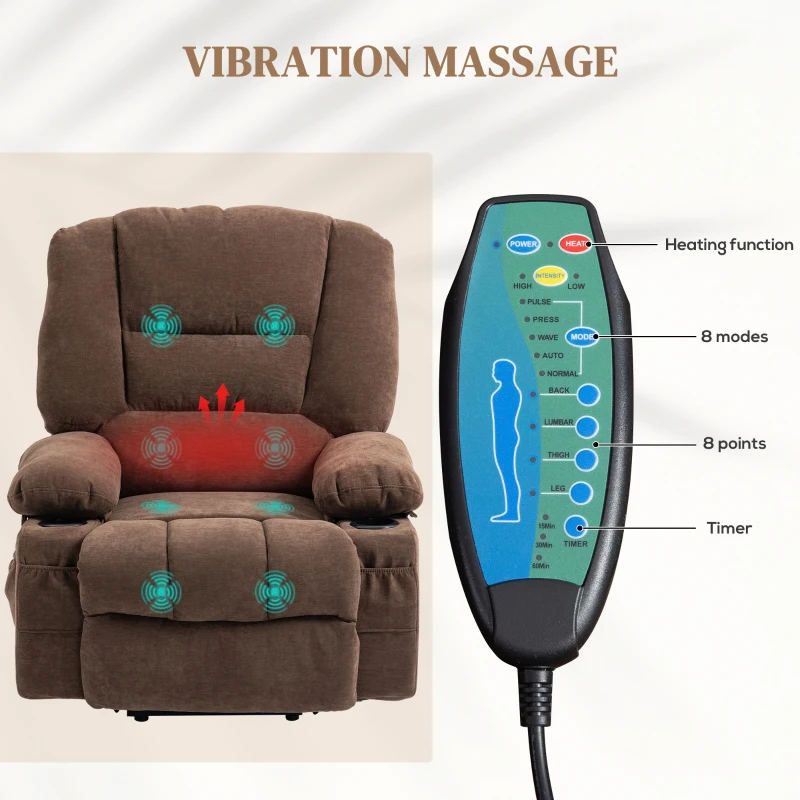 HOMCOM Power Lift Chair, Electric Recliner Chair with Vibration Massage, Heat, Side Pockets, Quick Assembly, Brown