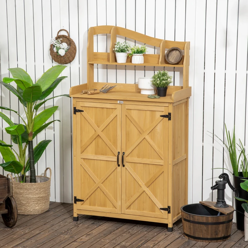 Outsunny Outdoor Storage Cabinet & Potting Table, Wooden Gardening Bench with Patio Cabinet and Magnetic Doors, Yellow