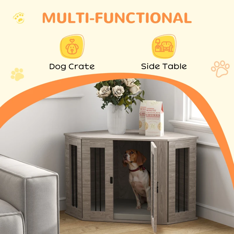 PawHut Dog Crate Furniture with Cushion, 41 Inch Corner Design Dog Crate End Table for Medium Dogs, Grey