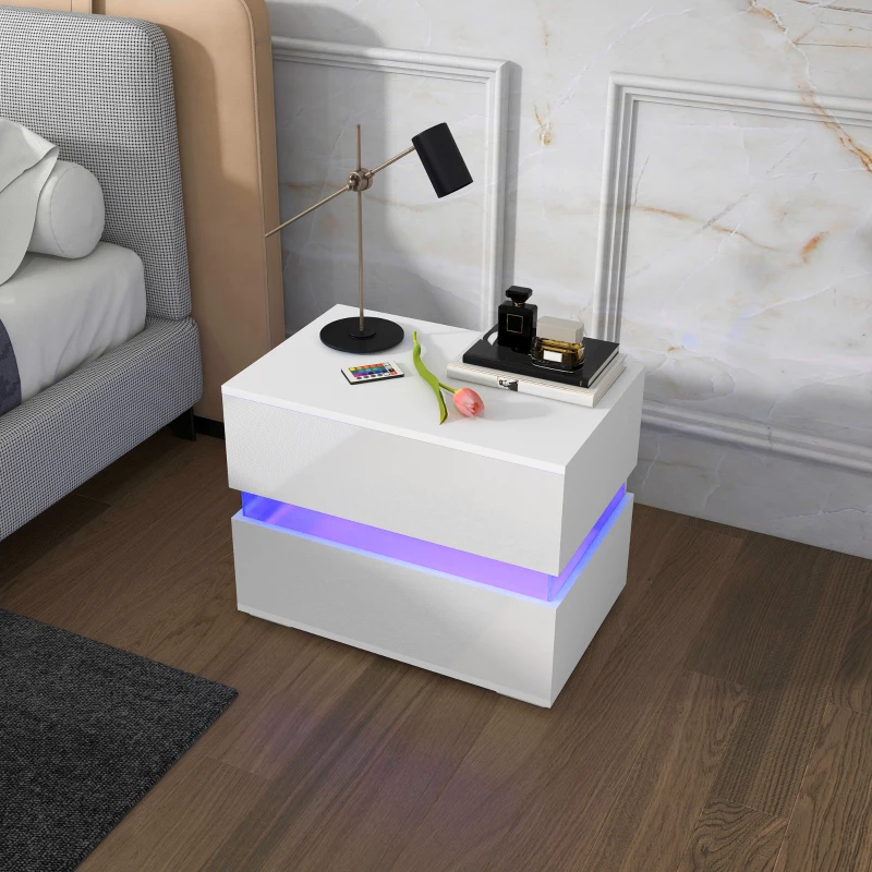 HOMCOM Modern Nightstand, Bedside Table with 2 Drawers, USB Powered RGB LED Lights, Remote for Bedroom, White