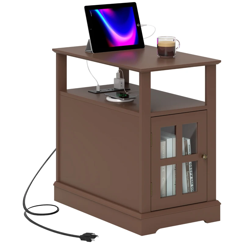 HOMCOM Narrow Side Table End Table with Charging Station, USB Ports, Modern End Table with Storage for Living Room, Brown