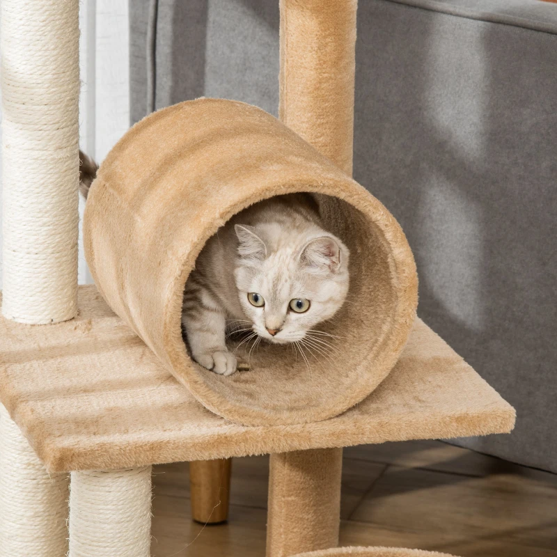 PawHut Cat Tree for Indoor Cats Cat Condo Kitty Tower with Scratching Post, Elevated Fun Cat Beds, Tunnel, Cat String Toys, 16" x 16" x 48", Light Brown