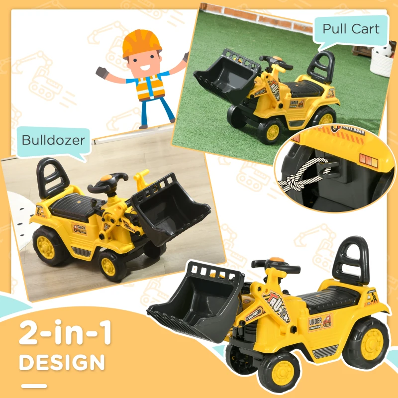 HOMCOM Ride-On Toy Bulldozer with Bucket Horn Steering Wheel Storage Toddlers for 18-48 Months, Yellow