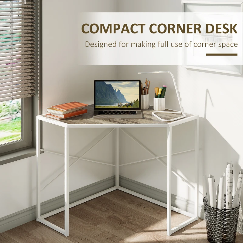HOMCOM Corner Desk for Small Spaces, Small Computer Desk with Metal Frame, Space Saving Home Office Desk Workstation, White