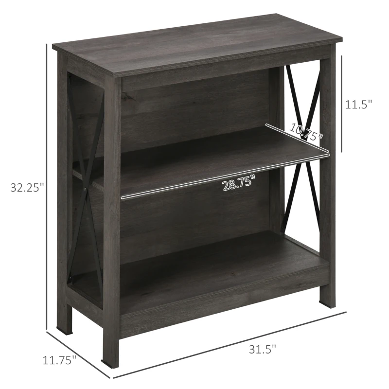 HOMCOM Industrial Style Corner Open Bookshelf with Storage Shelves and Metal X Bar Frame for Living Room, Dark Gray