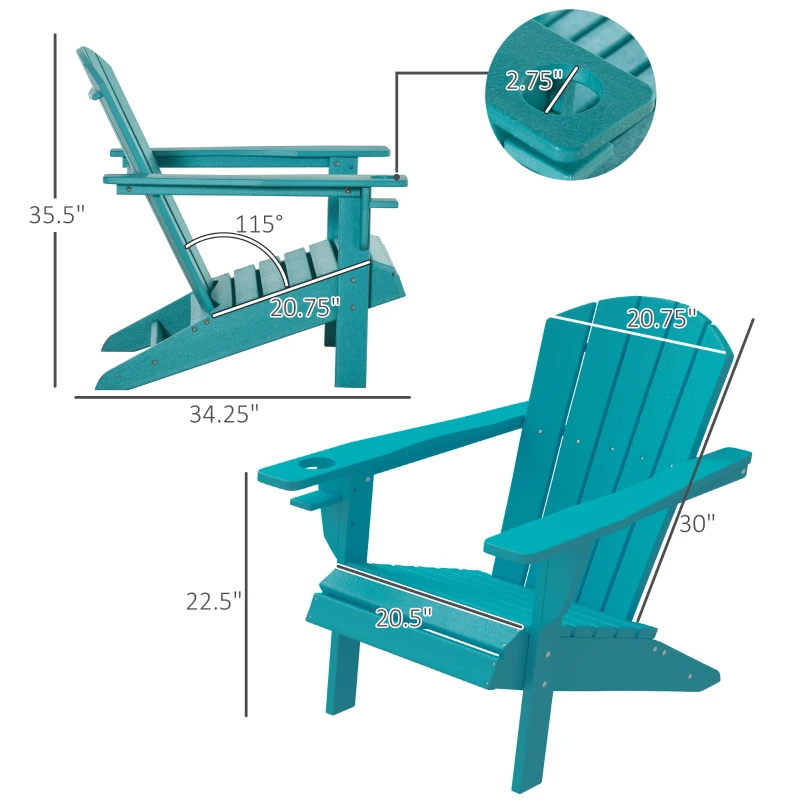 Outsunny Adirondack Chair with Cup Holder, All Weather Patio Chair HDPE Lounger, Fire Pit Seating High Back and Wide Seat for Outdoor, Backyard, Garden, Deck, Lawn, Light Blue