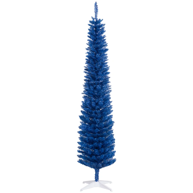 HOMCOM 7' Pencil Christmas Tree, Slim Artificial Xmas Tree with Realistic Branches, Sturdy Metal Stand, Deep Blue