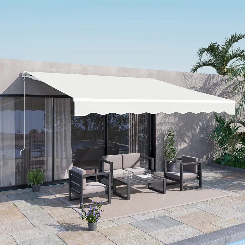 Outsunny 12' x 10' Electric Awning, Retractable Awning, UV Protection Sun Shade Shelter with Remote Controller and Manual Crank Handle for Deck, Balcony, Yard, Cream White(m-10)