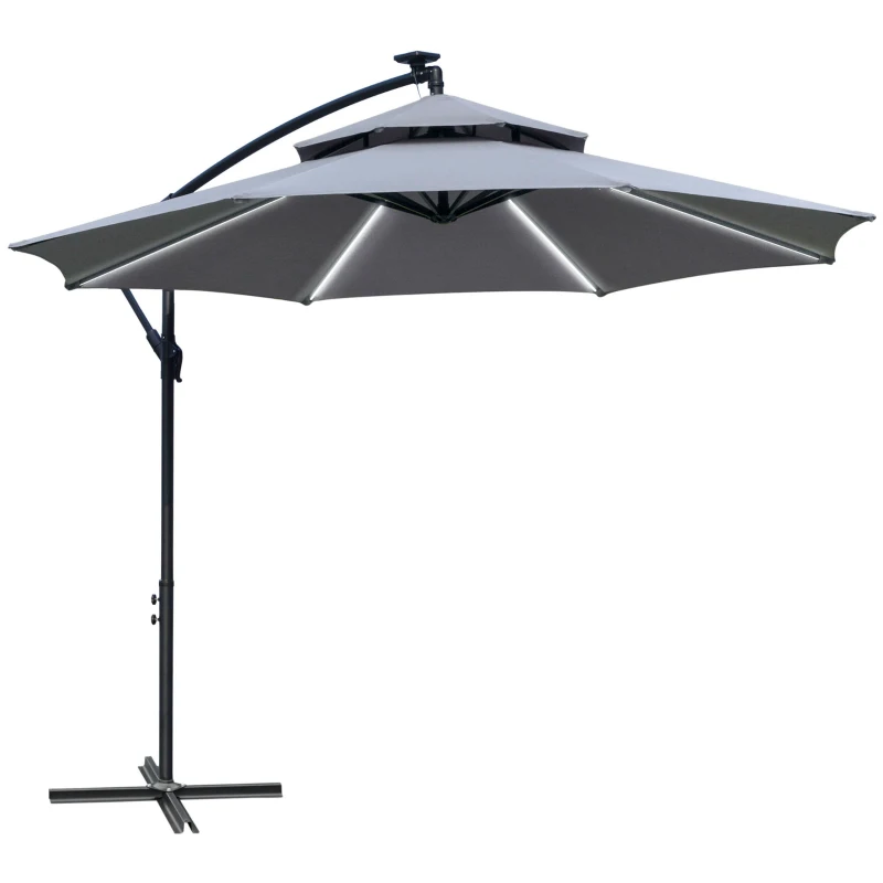 Outsunny 10FT Cantilever Patio Umbrella with Lights Solar Powered Offset Umbrella with Crank and Cross Base for Deck Grey