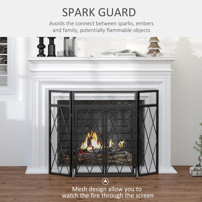 HOMCOM 3-Panel Fireplace Screen with Double Doors,  47.25" x 31"Steel Mesh Fire Spark Guard Cover for Living Room Indoor Decor, Black
