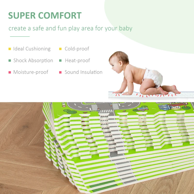 Qaba Kids Foam Puzzle Floor Tiles Baby Toddler Play Mat 36Pcs w/ 24 Side Mat Anti-slip Crawling Learning with End Border Playground Pattern 35SqFt EVA