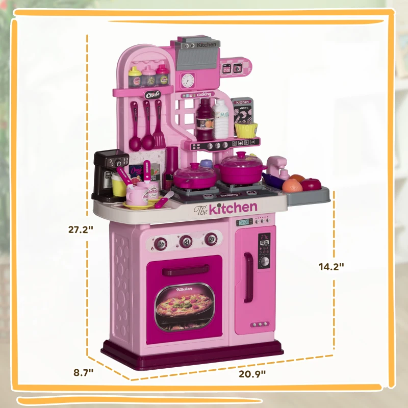 Qaba Kids Play Kitchen with Lights, Sounds, 33 Accessories & Storage for Toddler 3-6 Years